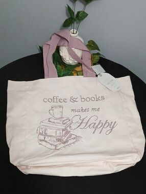 New! Coffee & Books Canvas Tote Bag in Light Pink NWT